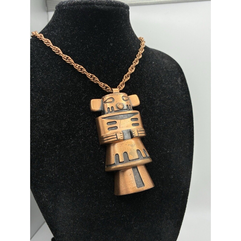 Incan Mayan Aztec Figurine Necklace Bell Rare Pendant Solid Copper Trade 22” VTG